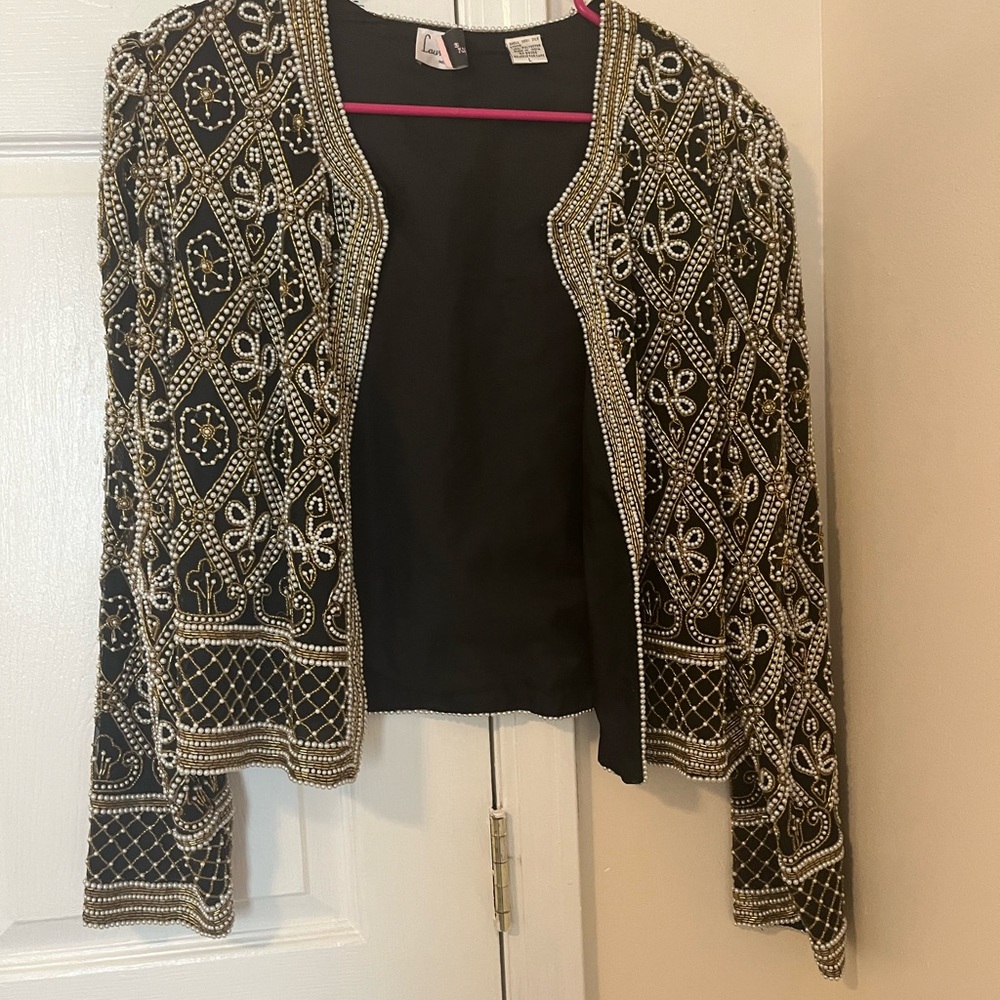 Laurence Kazar Black and Gold silk full beaded Pearl jacket
Size large